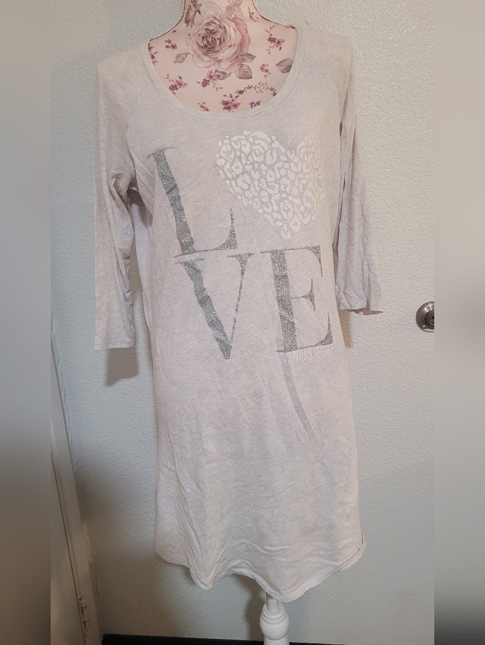 Victoria's Secret Light Cream Graphic 'LOVE' Nightshirt with Silver Glitter
